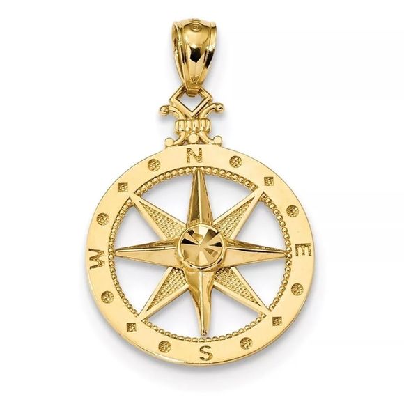 14k Solid Yellow Gold Diamond-cut Polished Compass